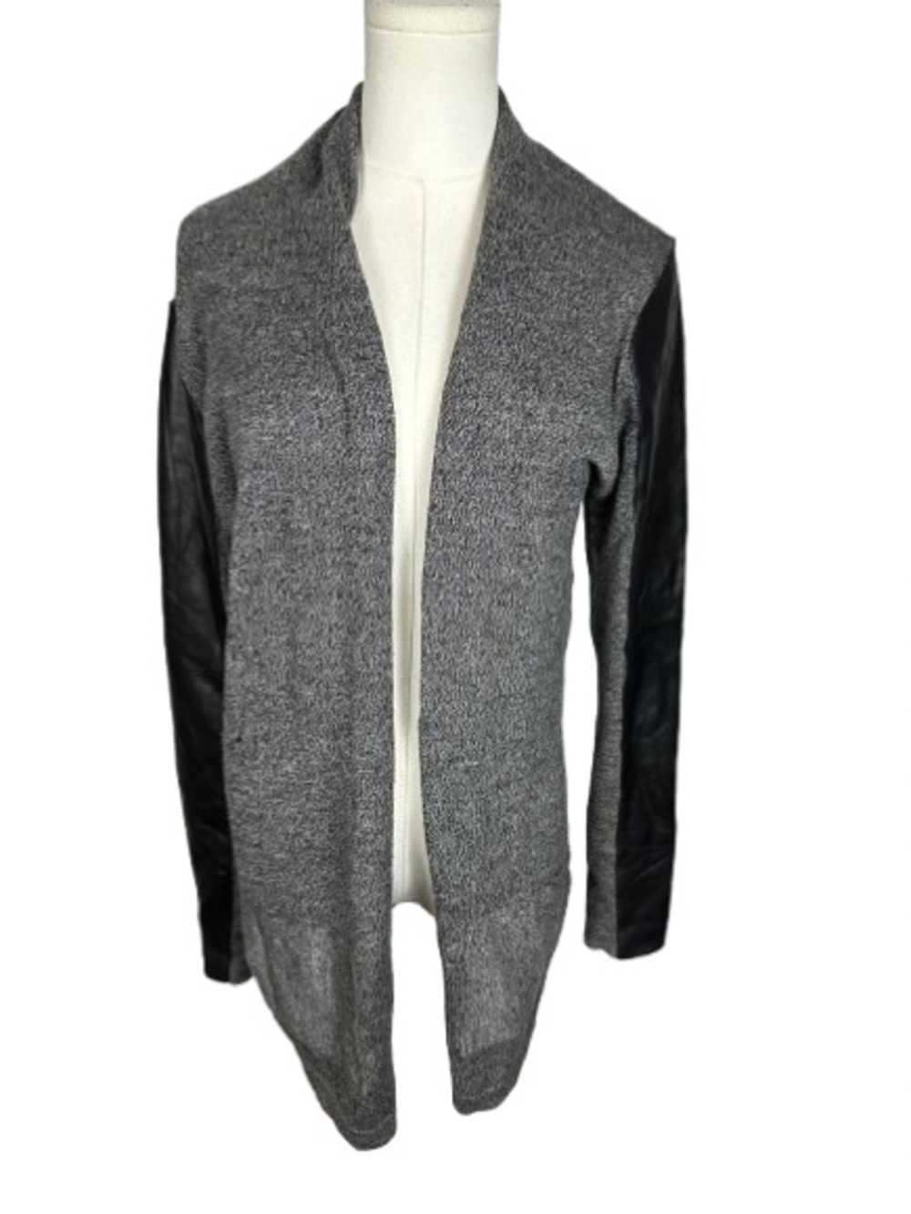 Theory Gray Knit Cardigan with Black Faux Leather Sleeve Detail Size L